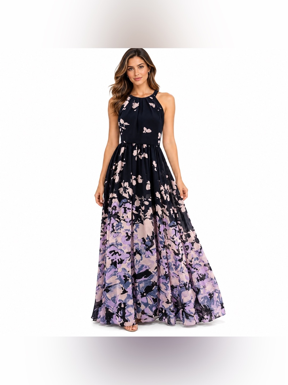 Betsy Adam Floral Halter Floor Length Multicolor Sleeveless Evening Gown SZ 8